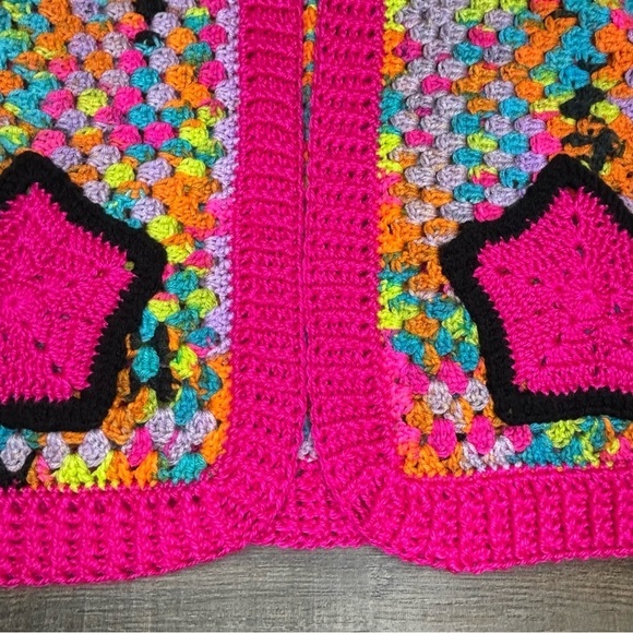 Handcrafted Crochet Hexagon Cardigan Sweater Open Front Wide Sleeve 2 Pockets - Picture 12 of 16